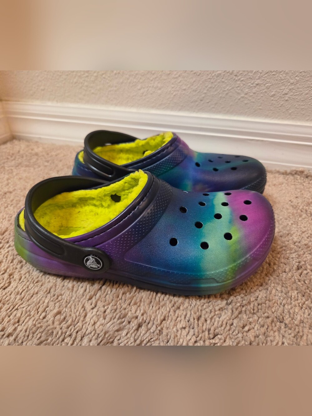 CROCS Kids Tie-Dye Clogs with Neon Yellow Lining
